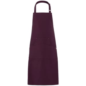 A deep burgundy apron with a front pocket and an adjustable neck strap, featuring a logo.