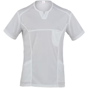 A short-sleeved tunic in white, featuring a simple design with lines and a pocket. Includes a brand logo.
