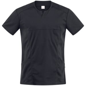 A black Eros Tunic with a front pocket and short sleeves, featuring a logo.