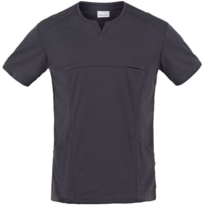 A short-sleeved tunic in dark grey with a V-neck design and two side pockets, featuring a logo.