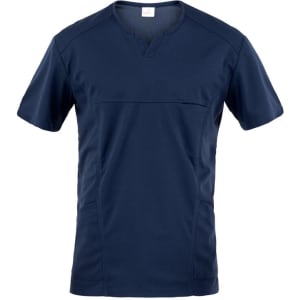 Navy blue Eros Tunic featuring short sleeves and a v-neck design, with a subtle logo on the garment.