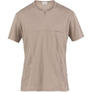 A short-sleeved beige tunic with a v-neck and front pockets. It features a logo on the label.