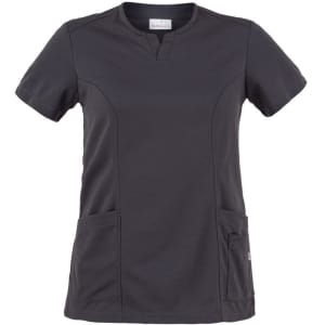 A dark grey tunic with a short sleeve and two front pockets, featuring a logo on the label.