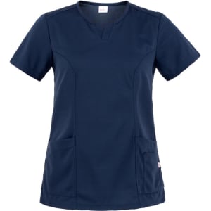 A navy blue tunic with short sleeves and two front pockets, featuring a simple design and a logo.