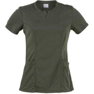 A dark green tunic with short sleeves, featuring a V-neck and two side pockets. It has a logo on the label.