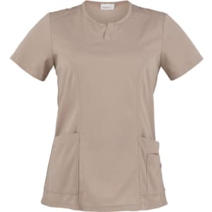 A beige tunic with a short sleeve, featuring two front pockets and a round neckline. It includes a logo.