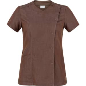 A brown tunic featuring a v-neck, short sleeves, and a button detail, with a pocket on the front.