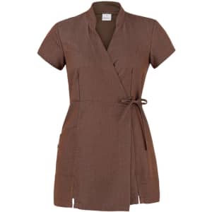 A brown kimono-style garment featuring short sleeves and a tie waist with pockets.