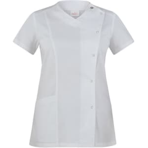 A white tunic featuring a V-neck, short sleeves, and button detailing, with a side pocket and a logo.