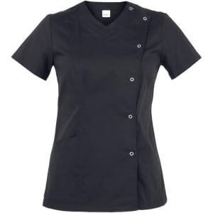 A black tunic with a V-neck and snap button details on the front, featuring short sleeves and a side pocket.