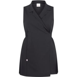 A black Allegra Pinafore Dress featuring a wrap design and a collared neckline. It has a small logo detail.