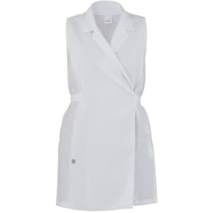 A sleeveless white pinafore dress featuring a wrap design and a logo on the side.