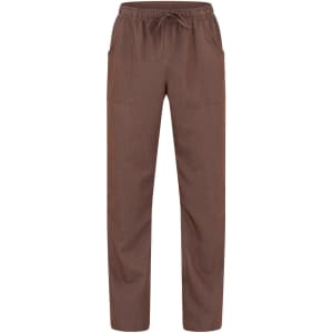 Brown pants with an elastic waistband and pockets, featuring a relaxed fit. The item has a logo on it.