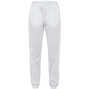 White pants with a drawstring waist and cuffs, featuring side mesh panels and a logo.