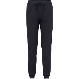 A pair of black jogger pants with an elastic waistband and drawstring. The pants feature a slim fit and cuffs at the ankles.