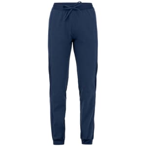 Navy blue pants with a drawstring waistband and elastic cuffs, featuring side pockets. The pants have a branding logo.