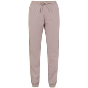 A pair of beige pants with an elastic waistband and drawstring, featuring a tapered leg design.