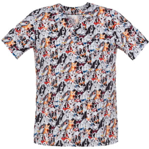 A multicoloured tunic featuring a playful pattern of various dog breeds against a white background.