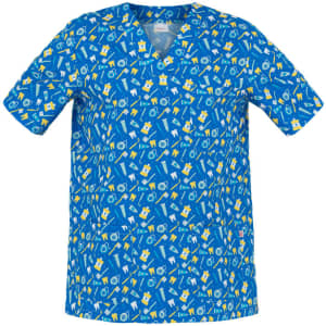 A blue tunic featuring a playful pattern of various medical-themed icons in yellow and white. It has a logo on it.