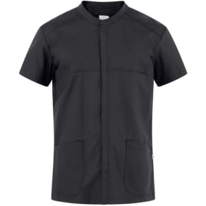 A black tunic with short sleeves, featuring a front closure and two front pockets. It has a logo on the side.