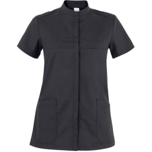 A grey Miriam Tunic featuring short sleeves, a button front, and two front pockets. It has a branded label.