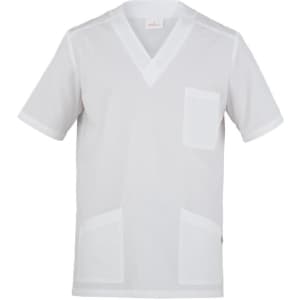 A white tunic with a V-neck, featuring one chest pocket and two front pockets. It has a logo on the side.