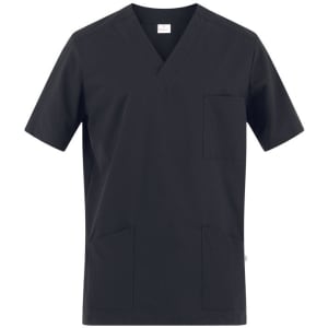 A black tunic featuring a v-neck design, short sleeves, and multiple pockets. It includes a branding logo.