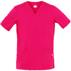 A pink Flavio Tunic featuring a v-neck design, a chest pocket, and two front pockets. It has a brand logo.