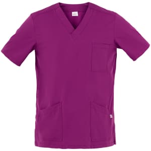 A purple Flavio Tunic with a V-neck, short sleeves, and pockets on the front. It has a logo.