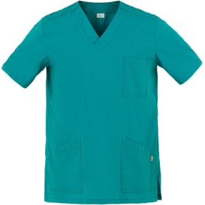 A teal Flavio tunic featuring a V-neck, short sleeves, and multiple pockets. It has a branding logo.