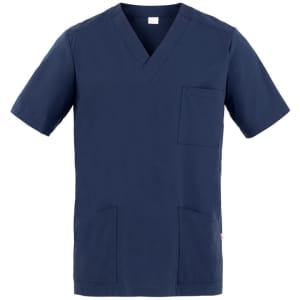 A navy blue Flavio Tunic featuring a V-neck, short sleeves, and multiple pockets. It has a logo.