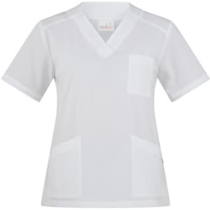 A women's white tunic top featuring a V-neck, short sleeves, and multiple pockets. It has a logo on the label.