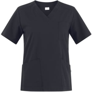 A black Sonia Tunic featuring a V-neck, short sleeves, and multiple pockets. It has a branding logo.