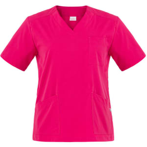 A pink tunic featuring short sleeves and multiple pockets, designed for practical use. It includes a branding logo.