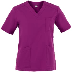 A purple tunic featuring a v-neck, short sleeves, and multiple pockets. It has a logo on the label.