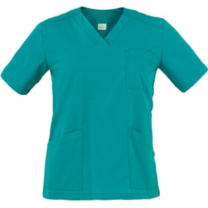 A teal Sonia Tunic featuring a v-neck, short sleeves, and two front pockets. The tunic has a brand logo.