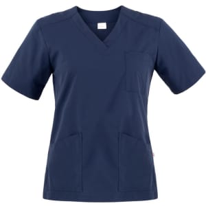 A navy blue Sonia Tunic featuring a V-neck, short sleeves, and front pockets. It has a small logo on the side.