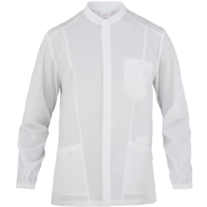 A white tunic jacket with long sleeves, featuring a front pocket and a simple collar design.