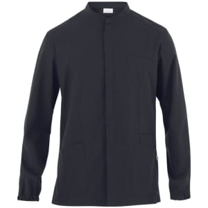 A black tunic jacket with a stand-up collar, long sleeves, and multiple pockets. It features branding.