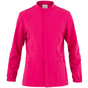 A bright pink tunic jacket with long sleeves and a simple collar, featuring a pocket and side panels.