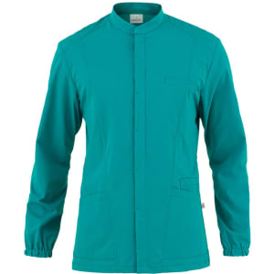 A turquoise tunic jacket with long sleeves and a collar, featuring pockets and a logo.