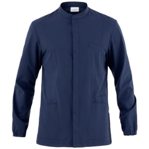 A navy blue tunic jacket with a mandarin collar, featuring long sleeves and front pockets. It has a logo on it.