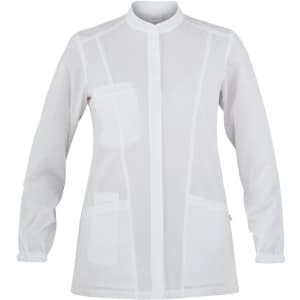 A white tunic jacket with long sleeves and front pockets, featuring a minimalist design and a round collar.