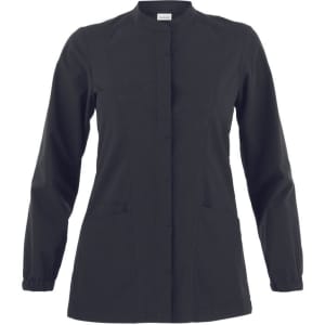 A black tunic jacket with a button front and two front pockets, featuring long sleeves and a round neckline.