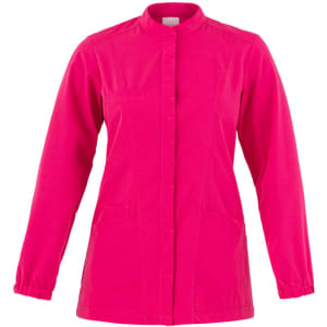 A bright pink tunic jacket with a Mandarin collar, buttons down the front, and two side pockets.