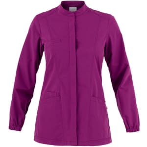 A purple tunic jacket with long sleeves, a mandarin collar, and front pockets. The jacket features a logo.
