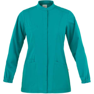 A teal Lia Tunic Jacket with long sleeves, a stand-up collar, and two front pockets. It has a logo on it.