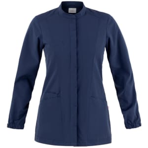 A navy tunic jacket with long sleeves, a stand-up collar, and two front pockets. Features a logo on the side.