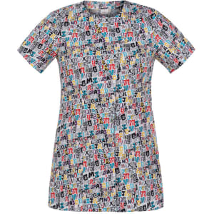 A tunic featuring an all-over print of colourful letters and numbers, with a round neckline and short sleeves.