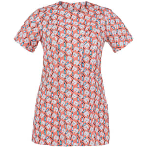 A short-sleeved tunic in coral with a playful pattern featuring various small designs. It has a logo on the side.